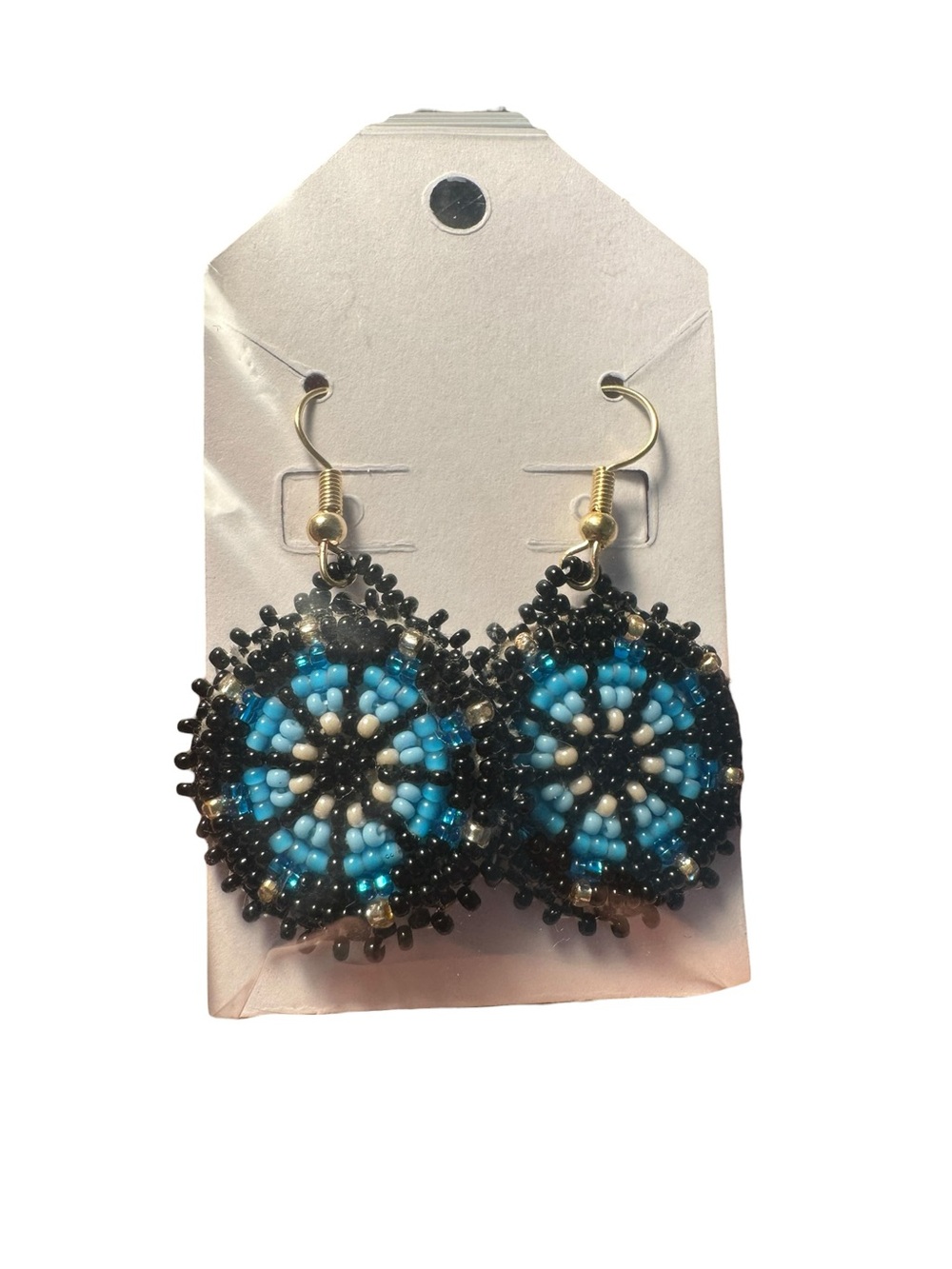 Handmade Blue & Black Beaded Round Drop Earrings